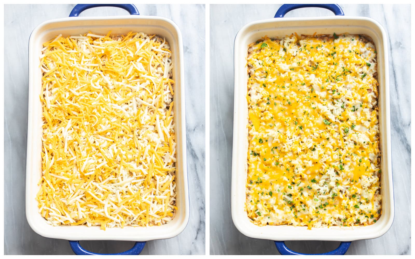 Burrito Casserole in a baking dish before and after being baked.