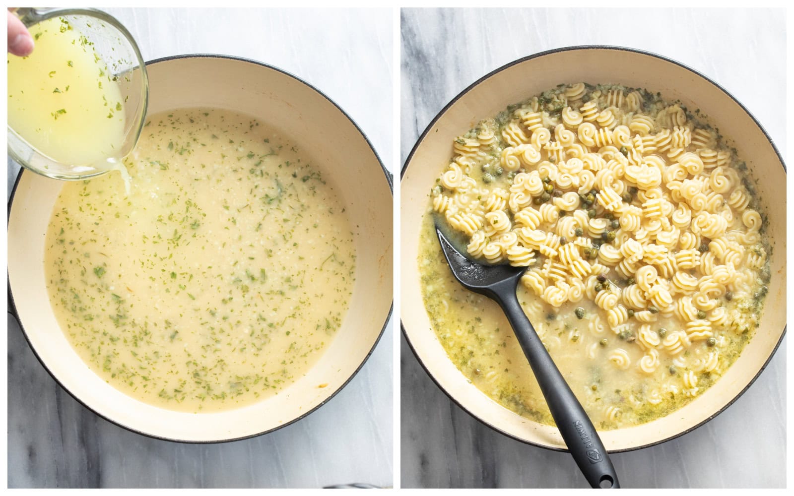 Adding piccata sauce to a skillet along with pasta, capers, parmesan, and lemon juice.