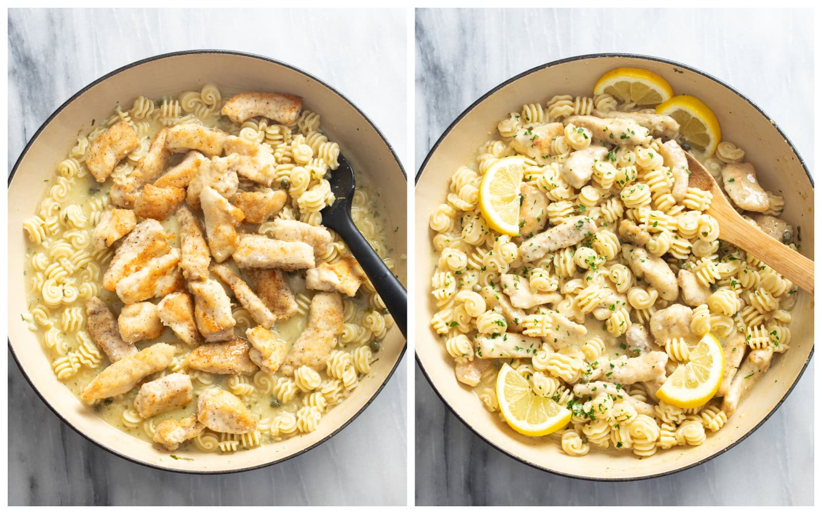 Adding chicken to a skillet with chicken piccata pasta and stirring to combine to finish the dish.