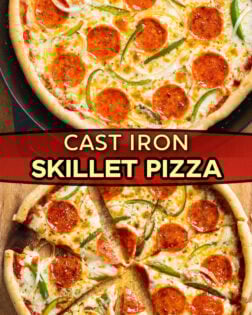 A collage of Cast Iron Skillet Pizza in a cast iron skillet and sliced up on a wooden cutting board.