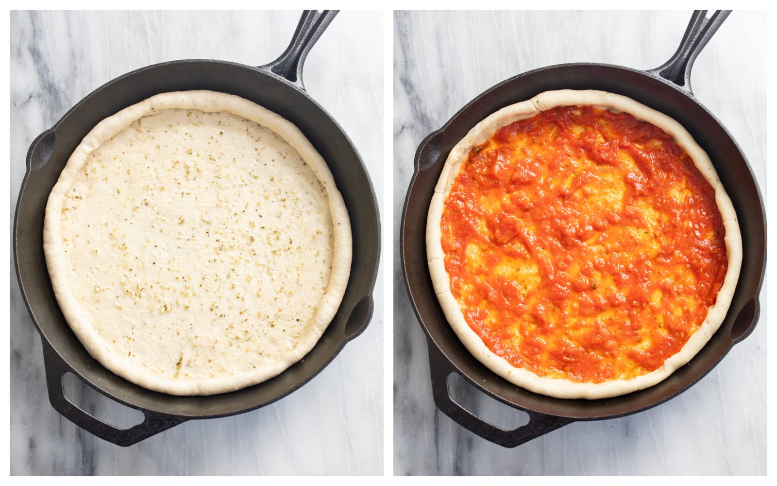 A cast iron skillet with unbaked pizza dough next to a skillet of dough with marinara on top.
