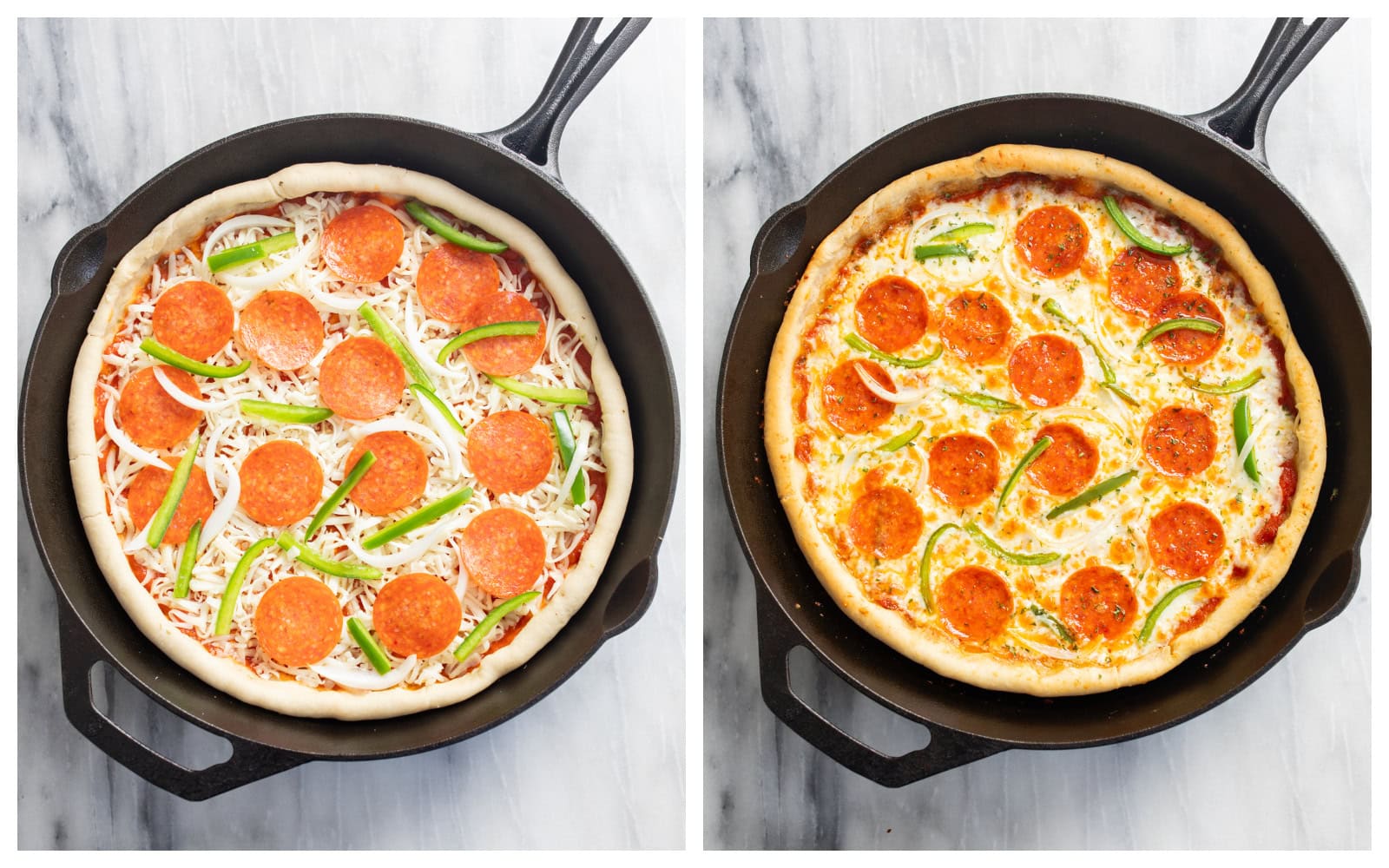 Cast Iron Skillet Pizza before and after being baked in the oven with pepperoni, onions, and peppers.