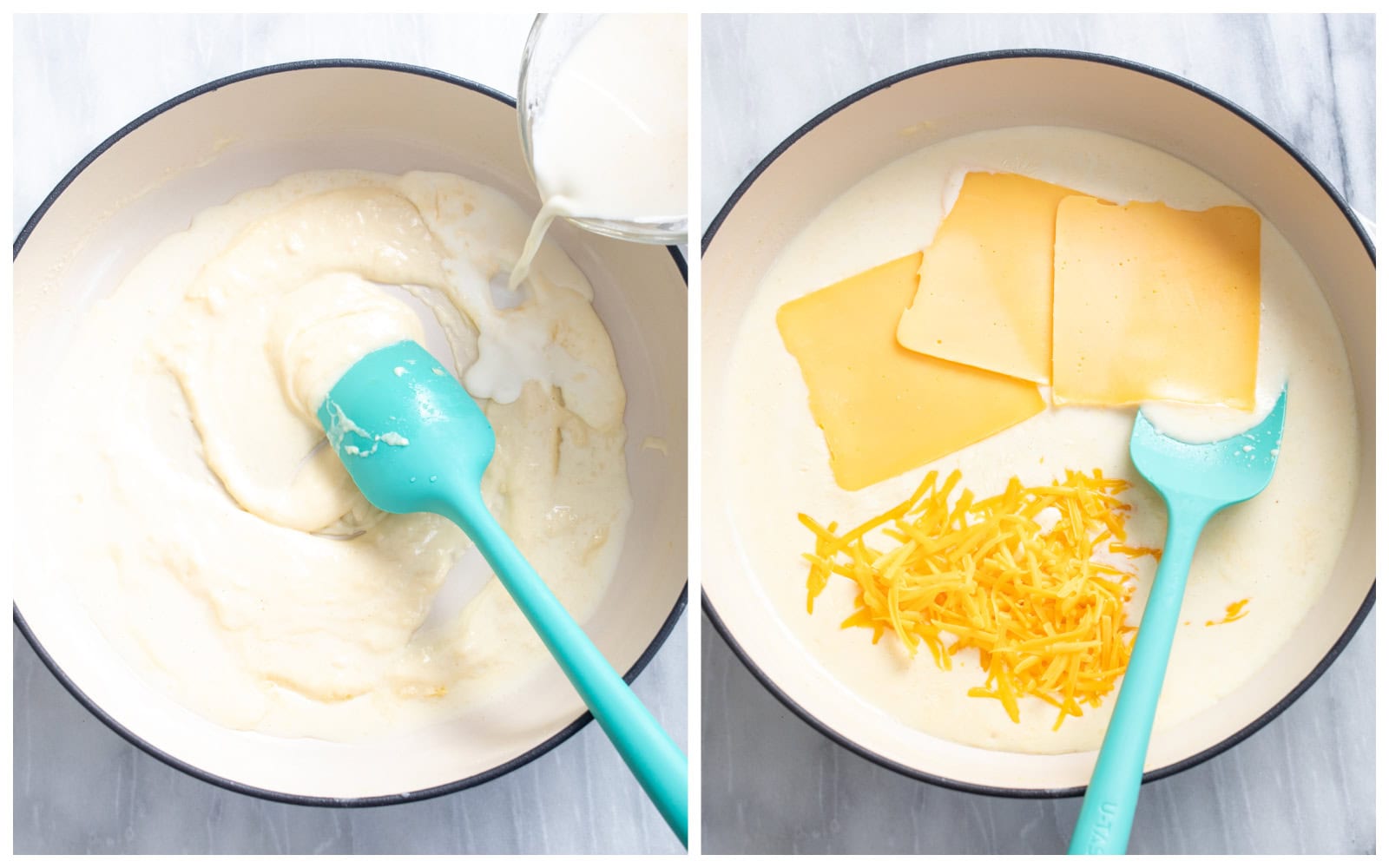 Two skillets next to each other showing the process of a creamy cheese sauce being made with cheddar and American cheese.