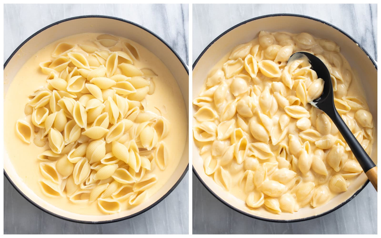 A skillet with shells being added to a creamy cheese sauce and being stirred to combine to make shells and cheese.