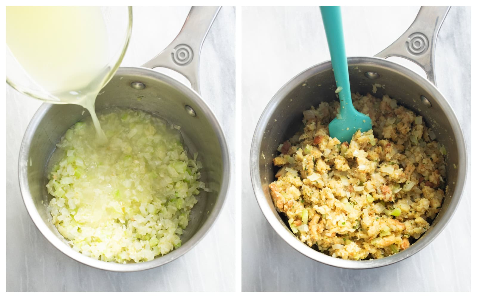 A pot with chicken broth, softened onions, and celery next to a pot with cooked stuffing.