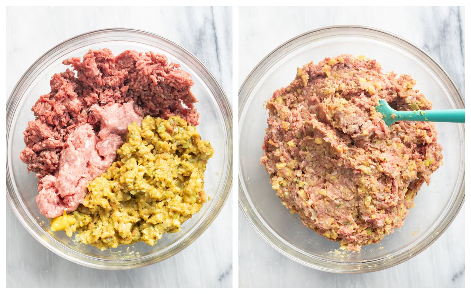 A bowl of Stuffing Meatloaf ingredients before and after being mixed.