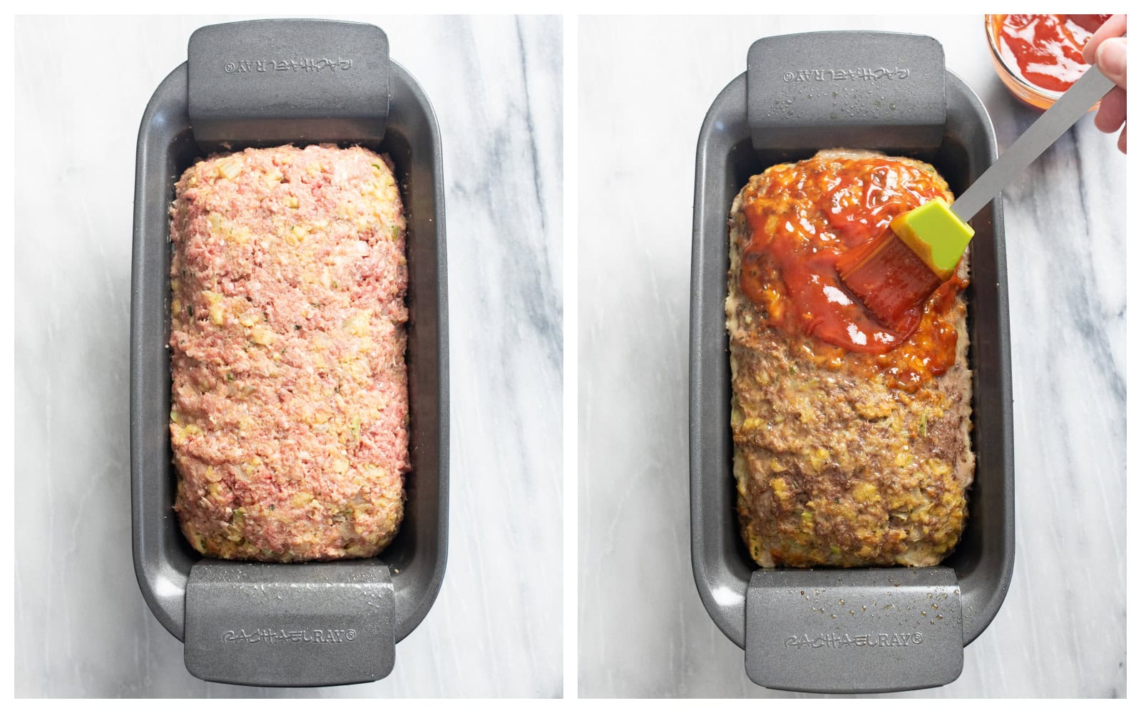 Uncooked Stuffing Meatloaf in a loaf pan next to a partially cooked loaf with glaze being brushed on top.