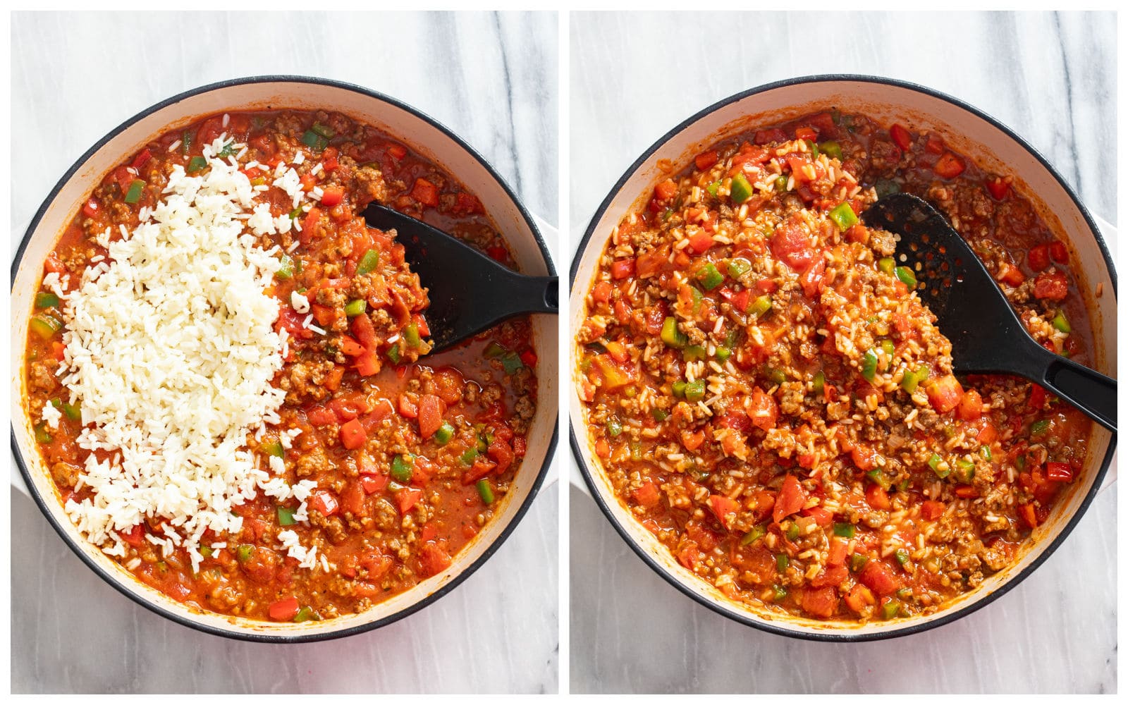 Rice being added and mixed into an unstuffed pepper filling.
