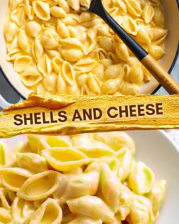Collage of Shells and Cheese in a skillet and in a white bowl.