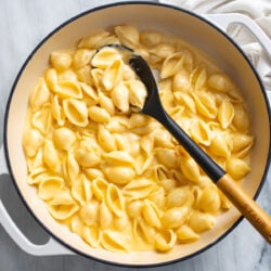 Creamy Shells and Cheese in a skillet with a spoon on the side.
