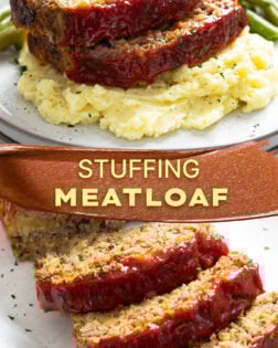 A collage of Stuffing Meatloaf on a plate with mashed potatoes and on a white platter.