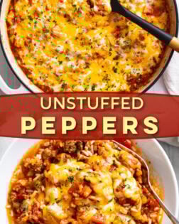 A collage of unstuffed peppers in a skillet and in white bowl with a label in the middle.