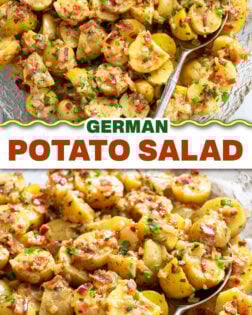 A collage of German Potato Salad in a glass serving bowl with a spoon.