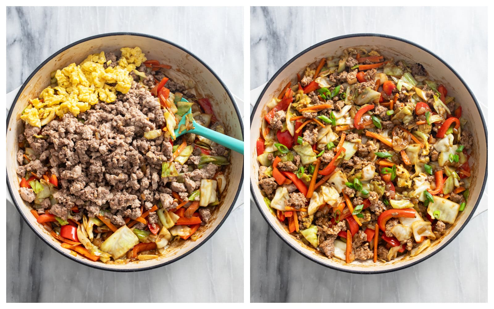 A skillet with vegetables and sauce with eggs and ground beef and pork being added for cabbage stir fry.