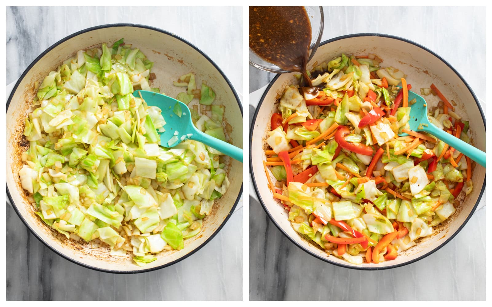 A skillet of cooked cabbage and onions next to a skillet with cabbage, onions, bell peppers, and carrots with sauce being added.