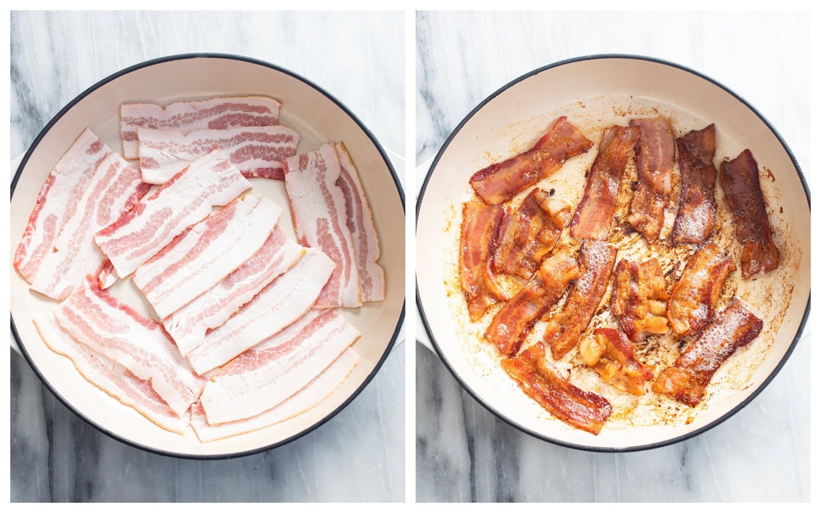 Bacon in a skillet before and after being cooked.