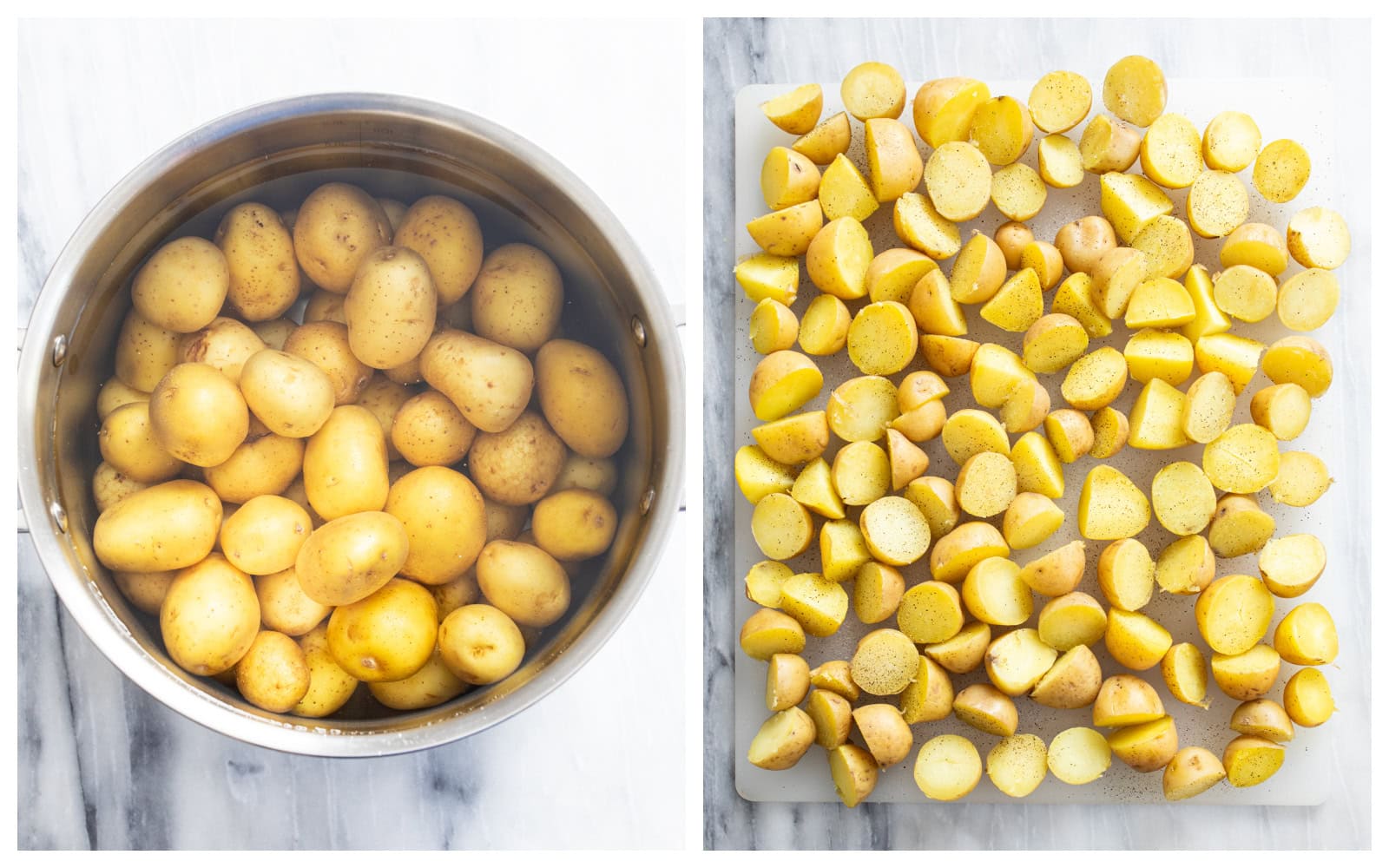 Baby yellow potatoes before and after being boiled and sliced.