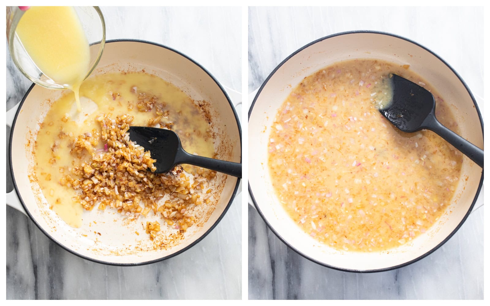 Making a sauce in a skillet with caramelized onions, shallots, chicken broth, vinegar, Dijon, and honey for German Potato Salad.