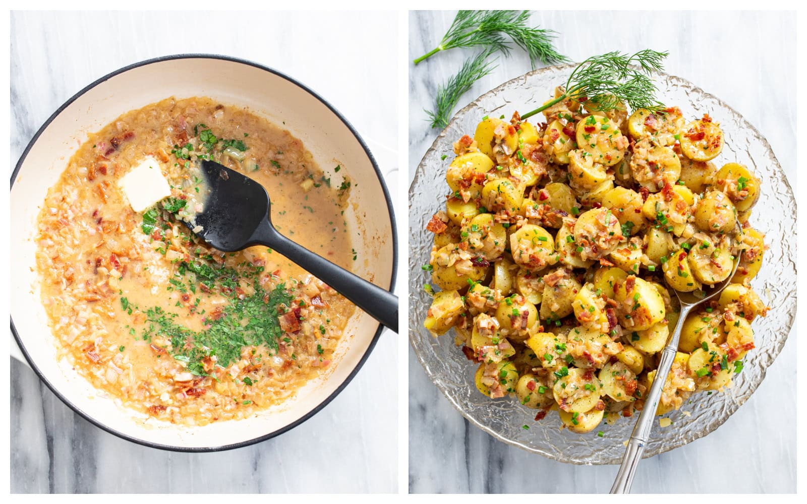 A skillet with sauce being made next to a glass bowl of German Potato Salad tossed in the sauce and topped with bacon, chives, dill, and parsley.
