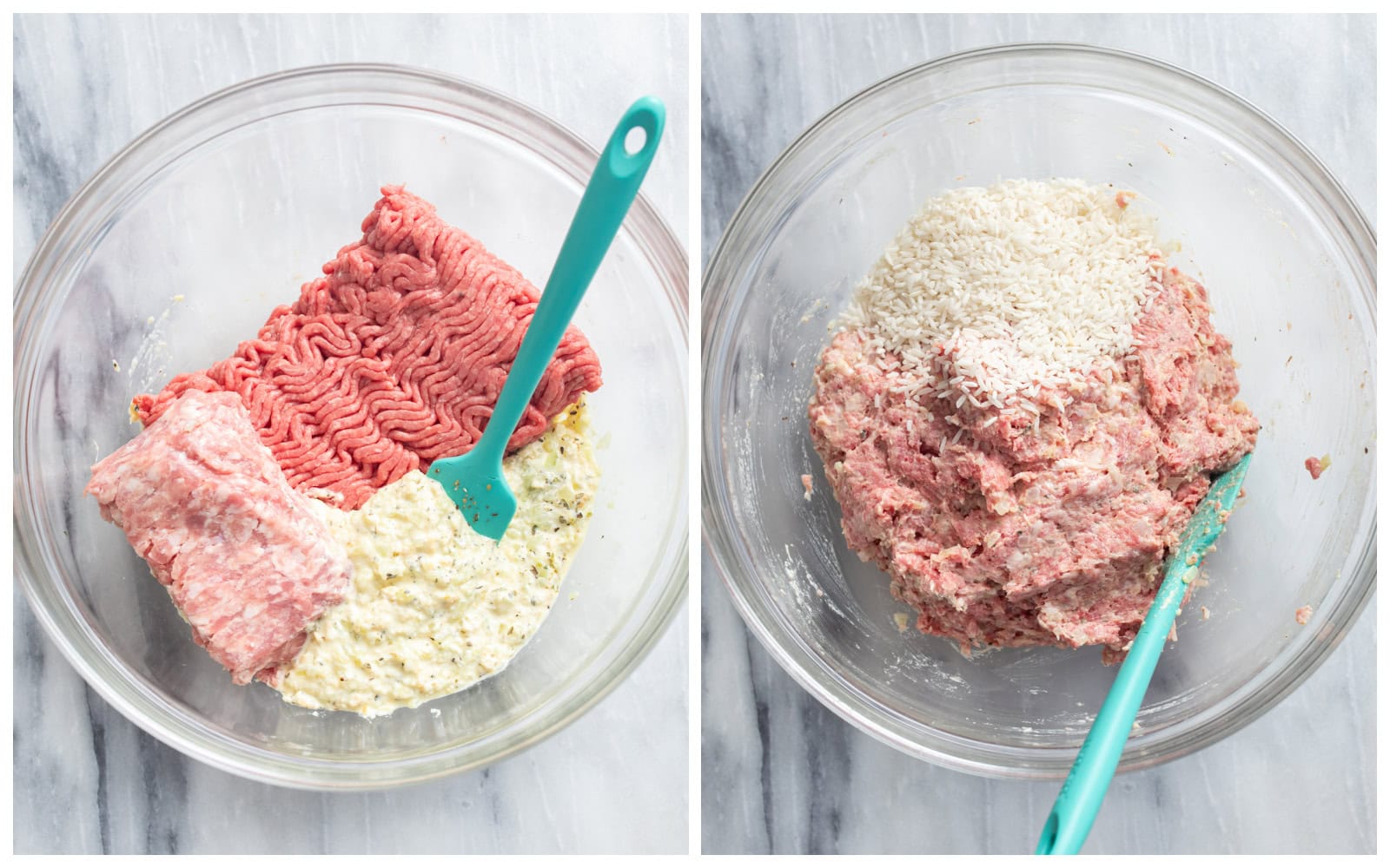 A bowl of meat and panade before and after being combined with rice being added.