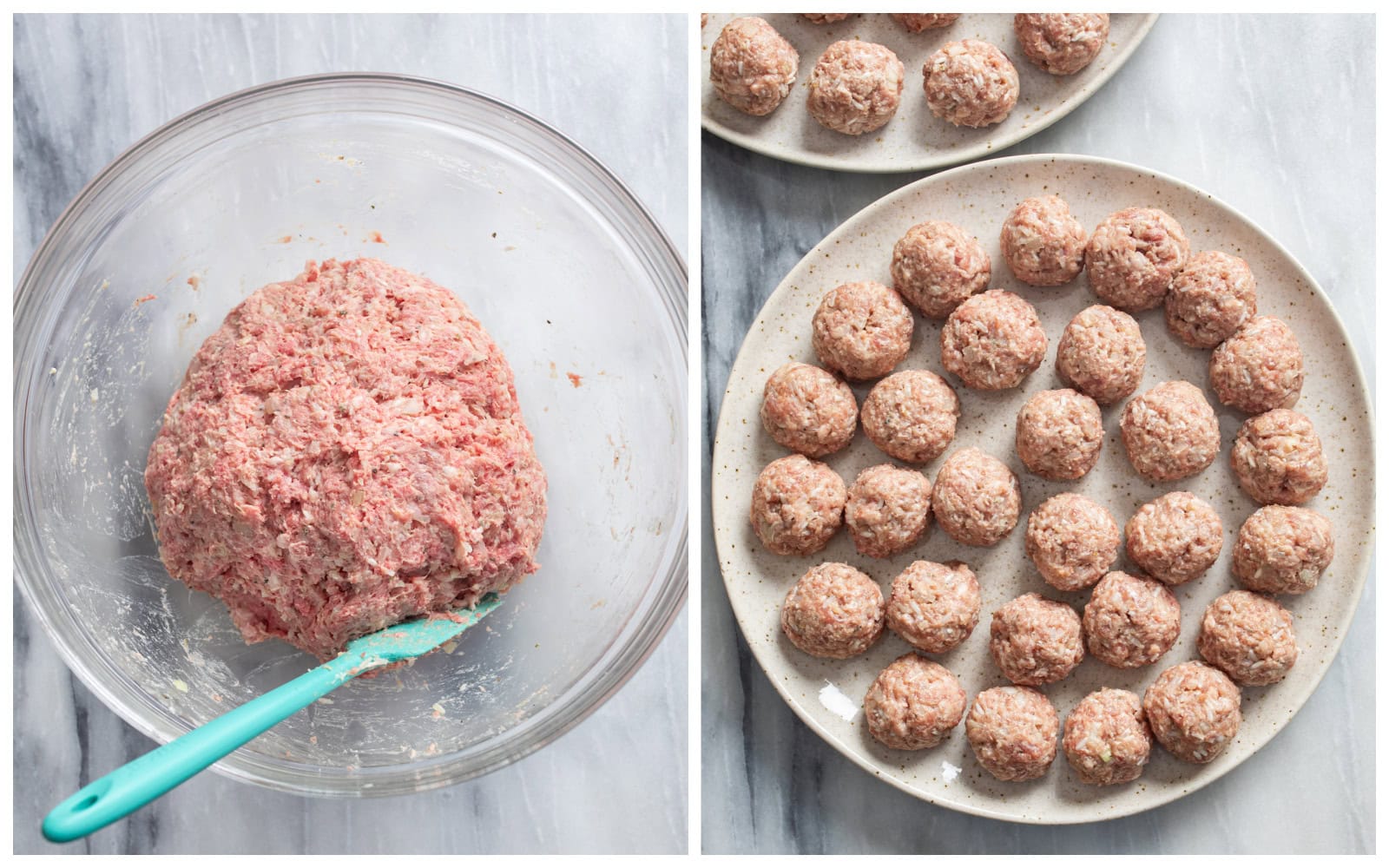 Porcupine meatballs in a bowl before being rolled, next to a plate with the rolled meatballs.