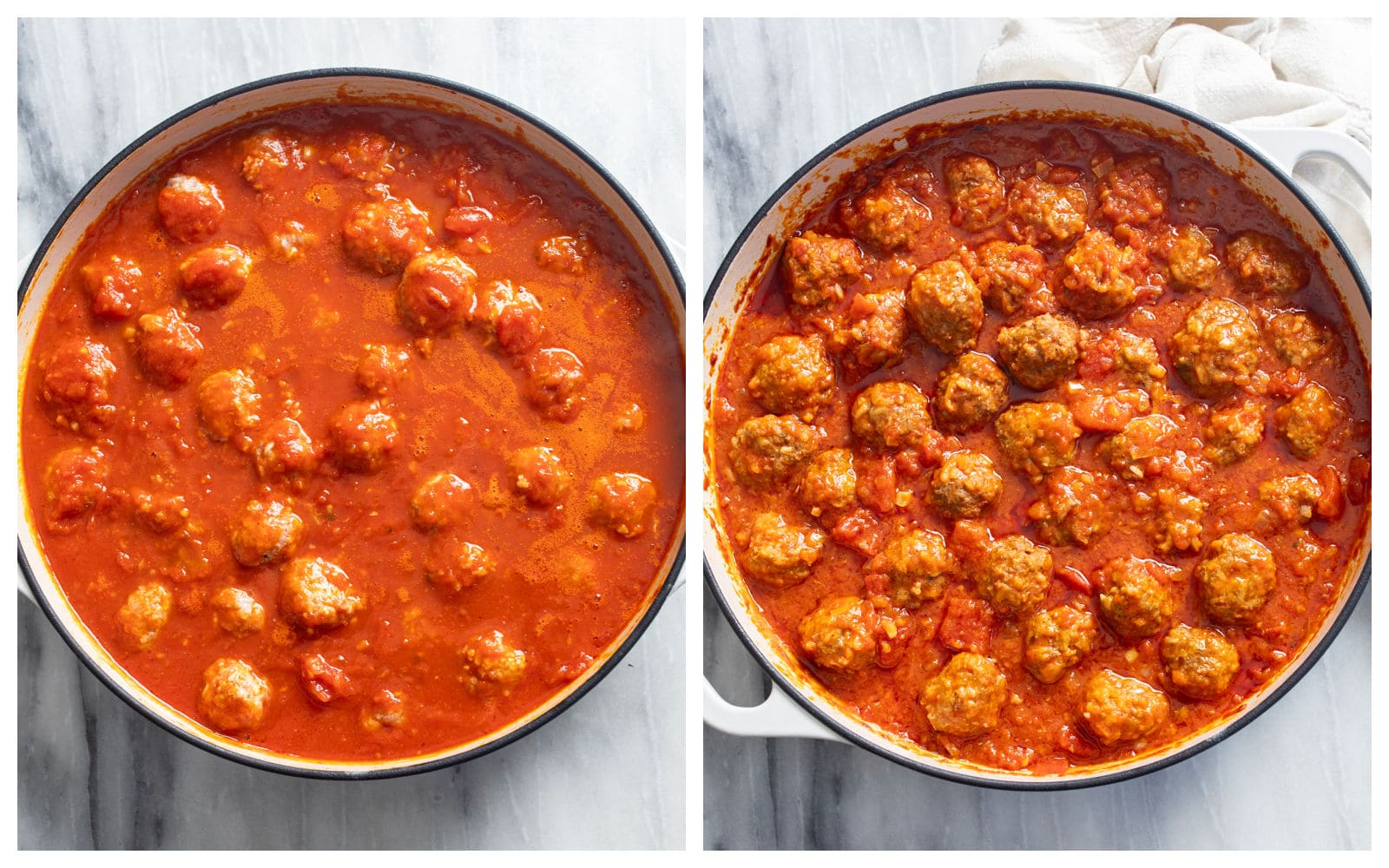 Porcupine meatballs in a skillet before and after being baked.