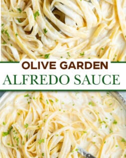 A collage of Olive Garden Alfredo Sauce with a label in the middle.