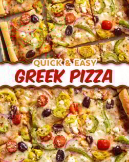 A collage of Greek Pizza on a sheet pan with feta cheese, olives, and vegetables on top.