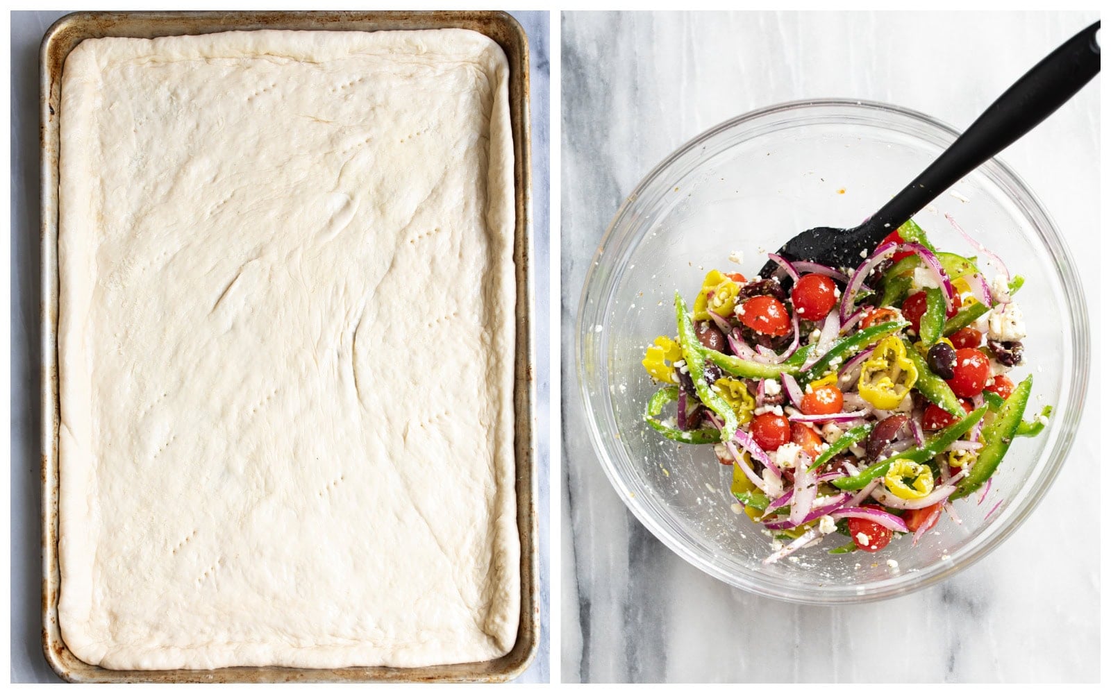 Pizza dough spread across a sheet pan next to a bowl of Greek pizza toppings tossed in Greek dressing.