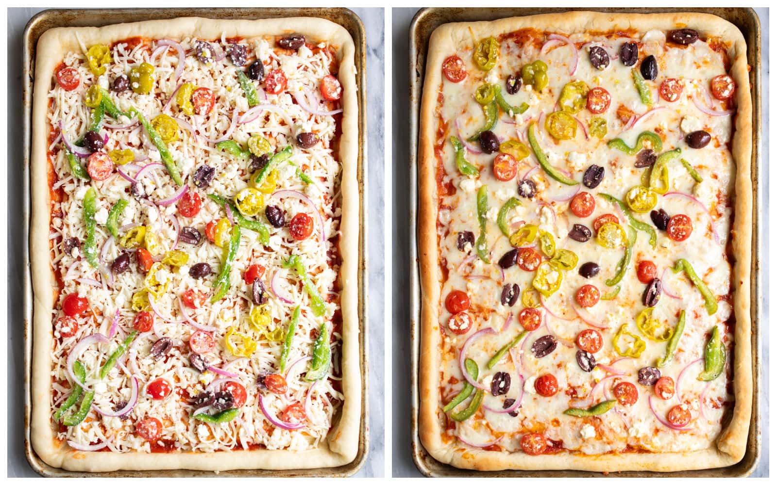 Greek Pizza on a sheet pan before and after being baked.