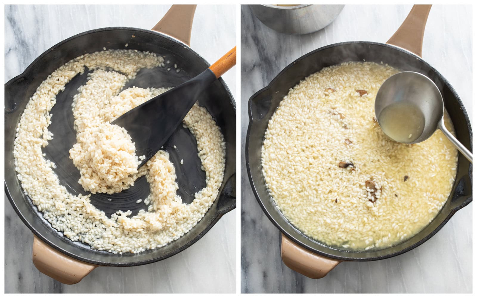 A skillet with rice that's had wine reduced in it next to a skillet with broth being added to the rice to make risotto.