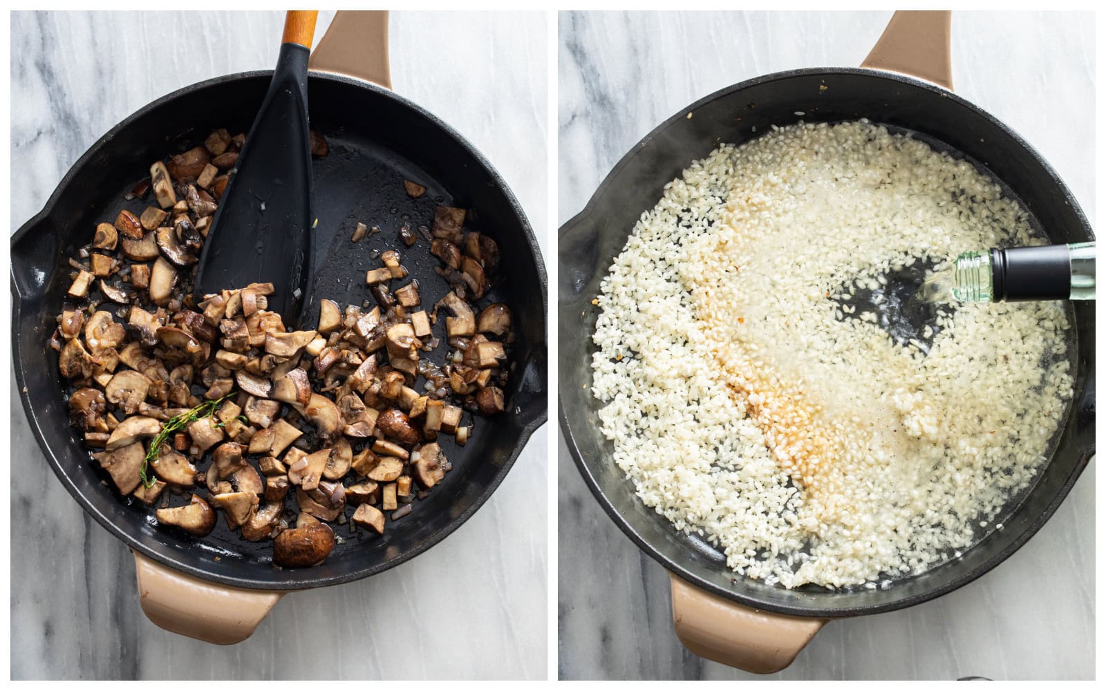 A skillet with cooked mushrooms, shallots, garlic, and thyme next to a skillet with rice with wine being added.