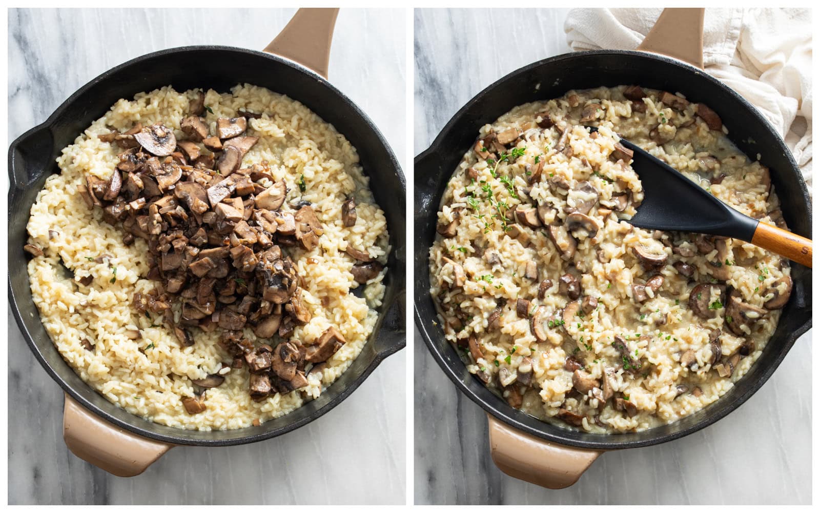 A skillet with mushrooms being added to a skillet of mushroom risotto next to a completed dish of risotto.