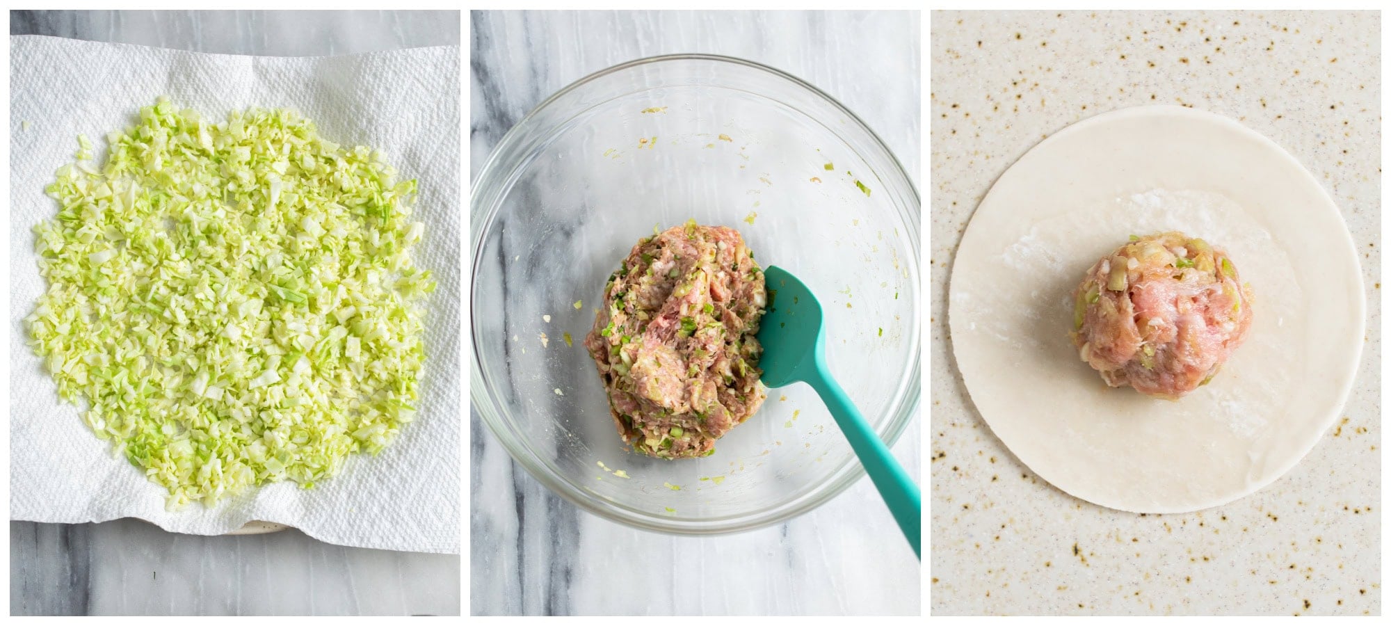 Chopped cabbage next to a bowl of potsticker filling next to a dumpling wrapper with filling in the center.