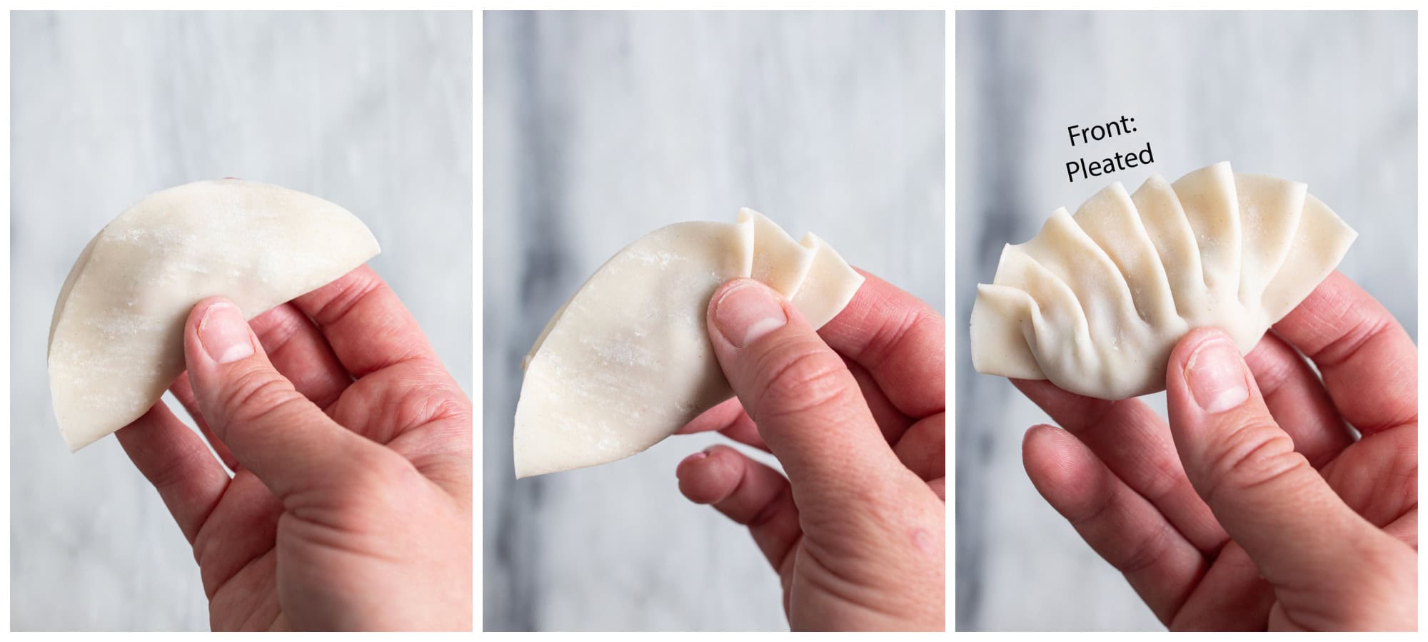 3 images of a potsticker being folder with pleats being made on the front.