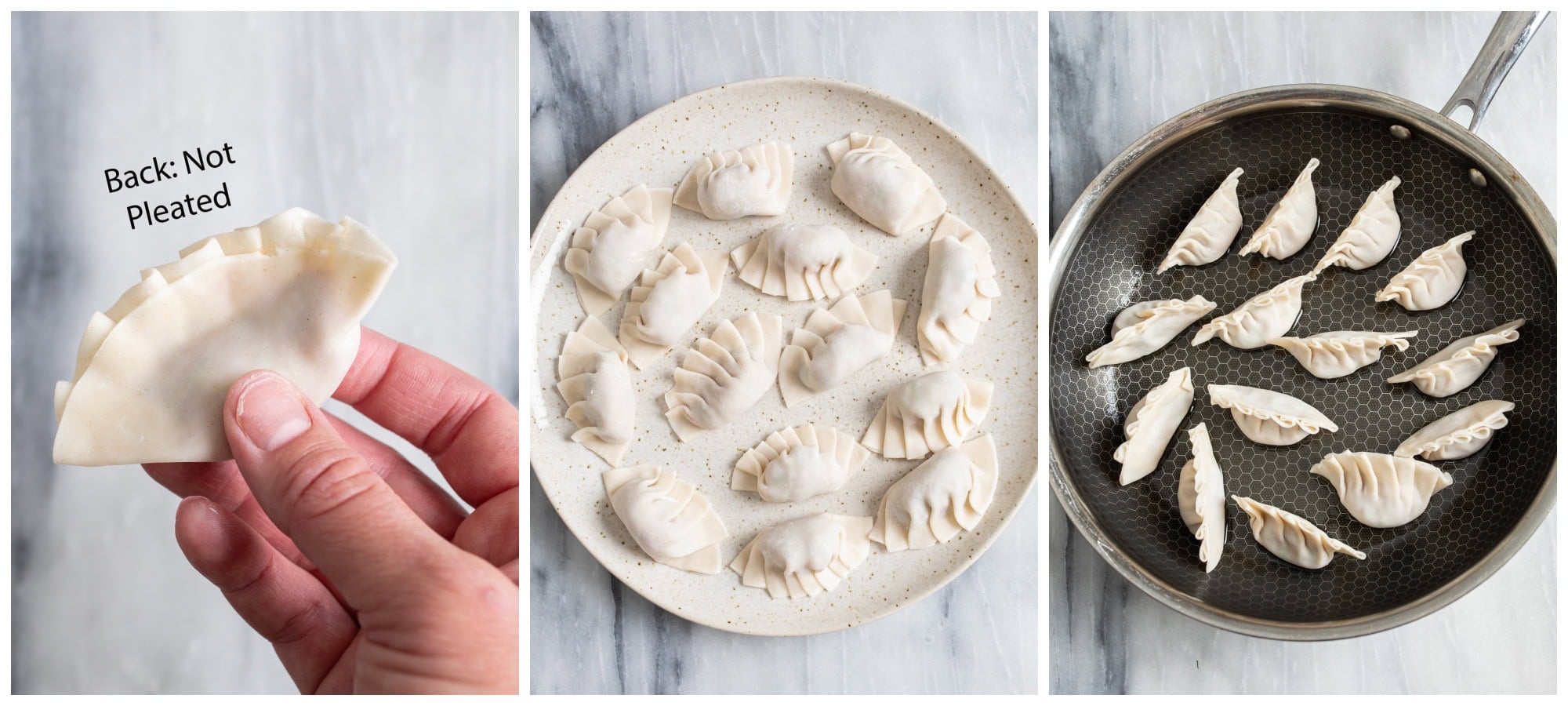 The back of a potsticker (non-pleat side), next to a plate of uncooked potstickers next to a skillet with potstickers being pan fried.