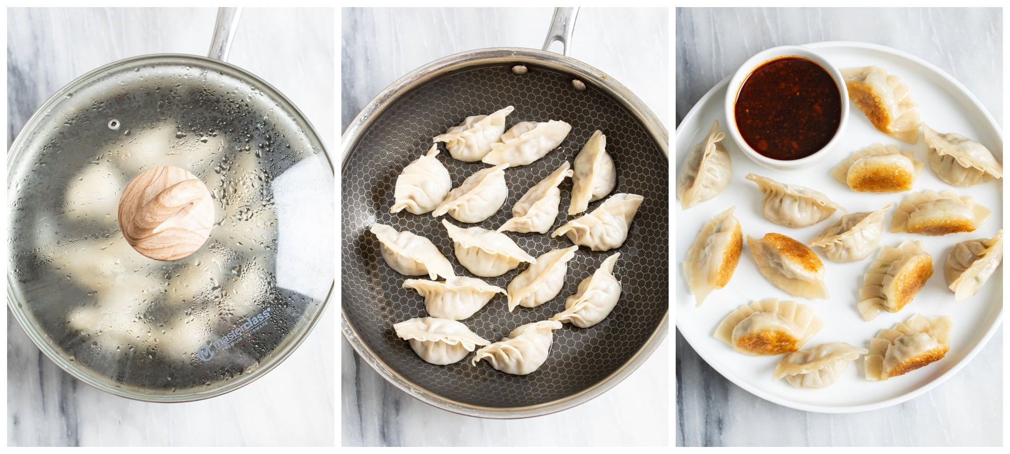 A skillet with potstickers being steamed next to steamed potstickers next to finished potstickers on a plate with dipping sauce.