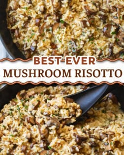 A collage of mushroom Risotto in a skillet with a spatula scooping some up.