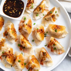 Potstickers topped with chives and chili crisp on a white plate with sauce.
