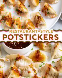 A collage of Potstickers on a white plate with chives on top and sauce on the side.