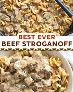 A collage of Beef Stroganoff in a skillet and in a serving bowl.