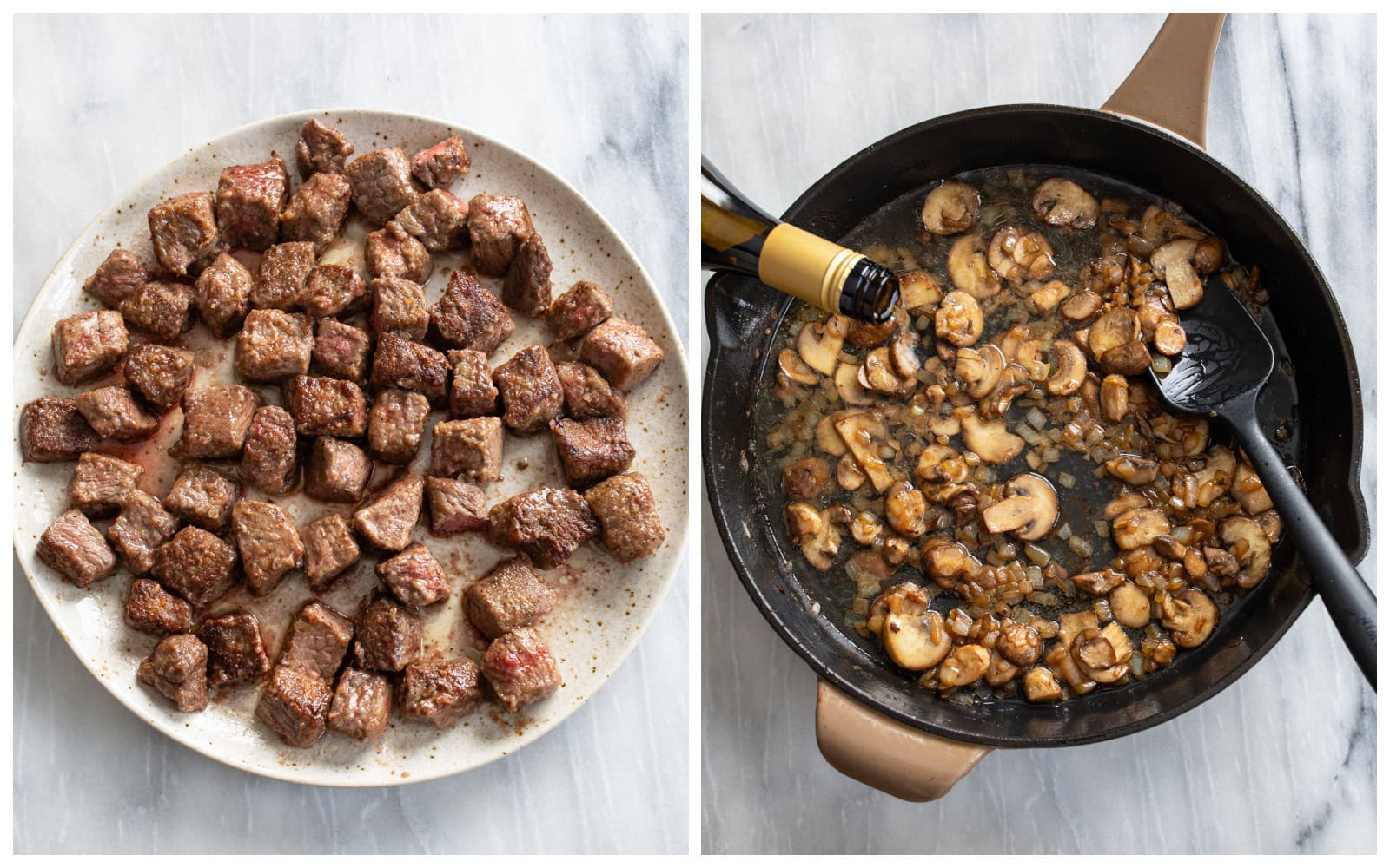 Seasoned and seared beef on a plate next to a skillet that has cooked onions and mushrooms, being deglazed with wine.