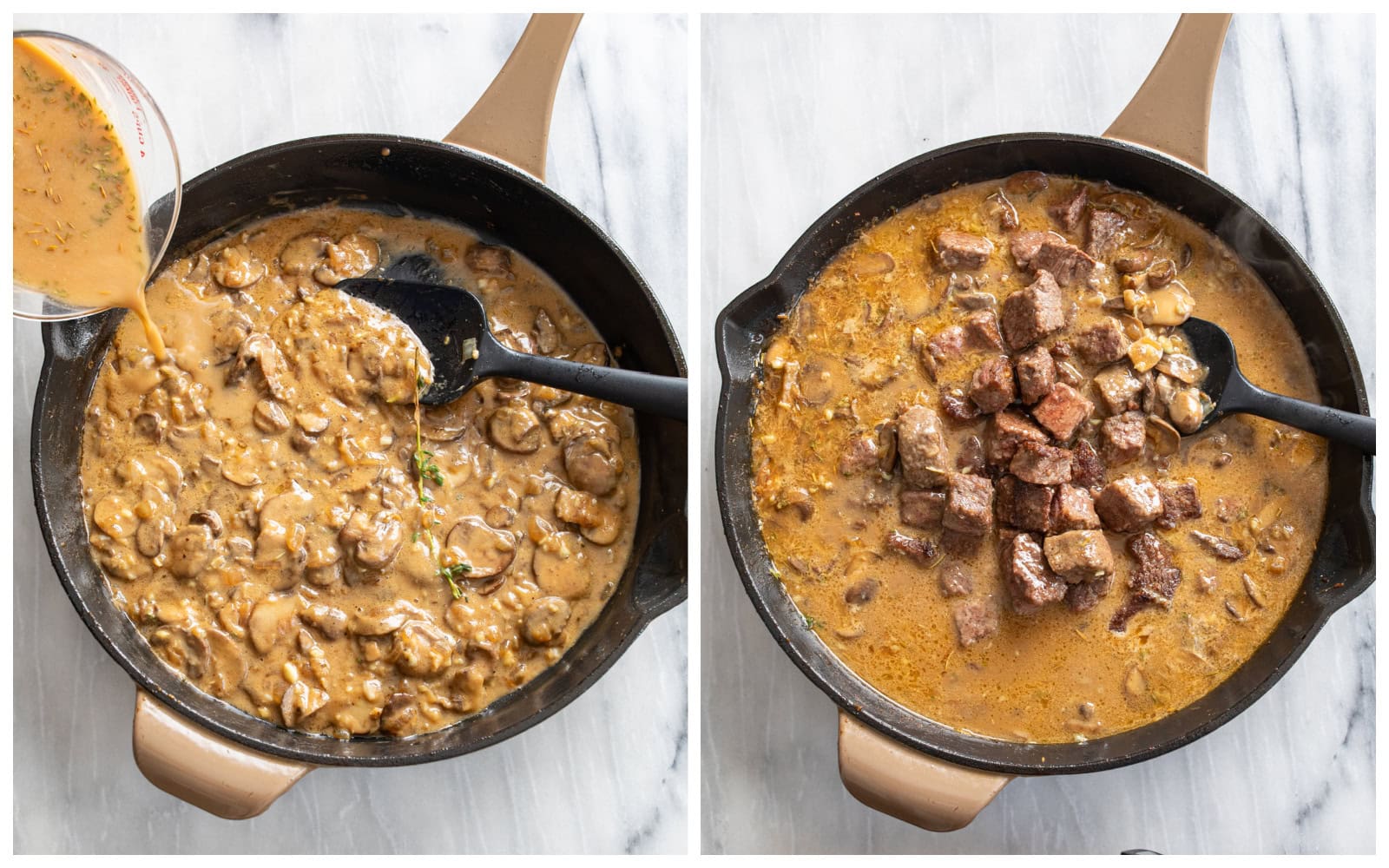 A skillet with sauce being added to cooked mushrooms and onions next to a skillet with seared beef being added to the sauce.