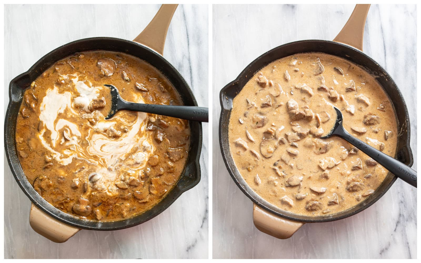 A skillet with sour cream being added to sauce next to a skillet with finished beef stroganoff sauce.