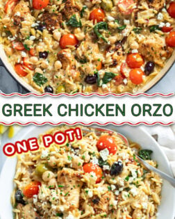 A collage of Greek Chicken Orzo in a skillet and in a white bowl.