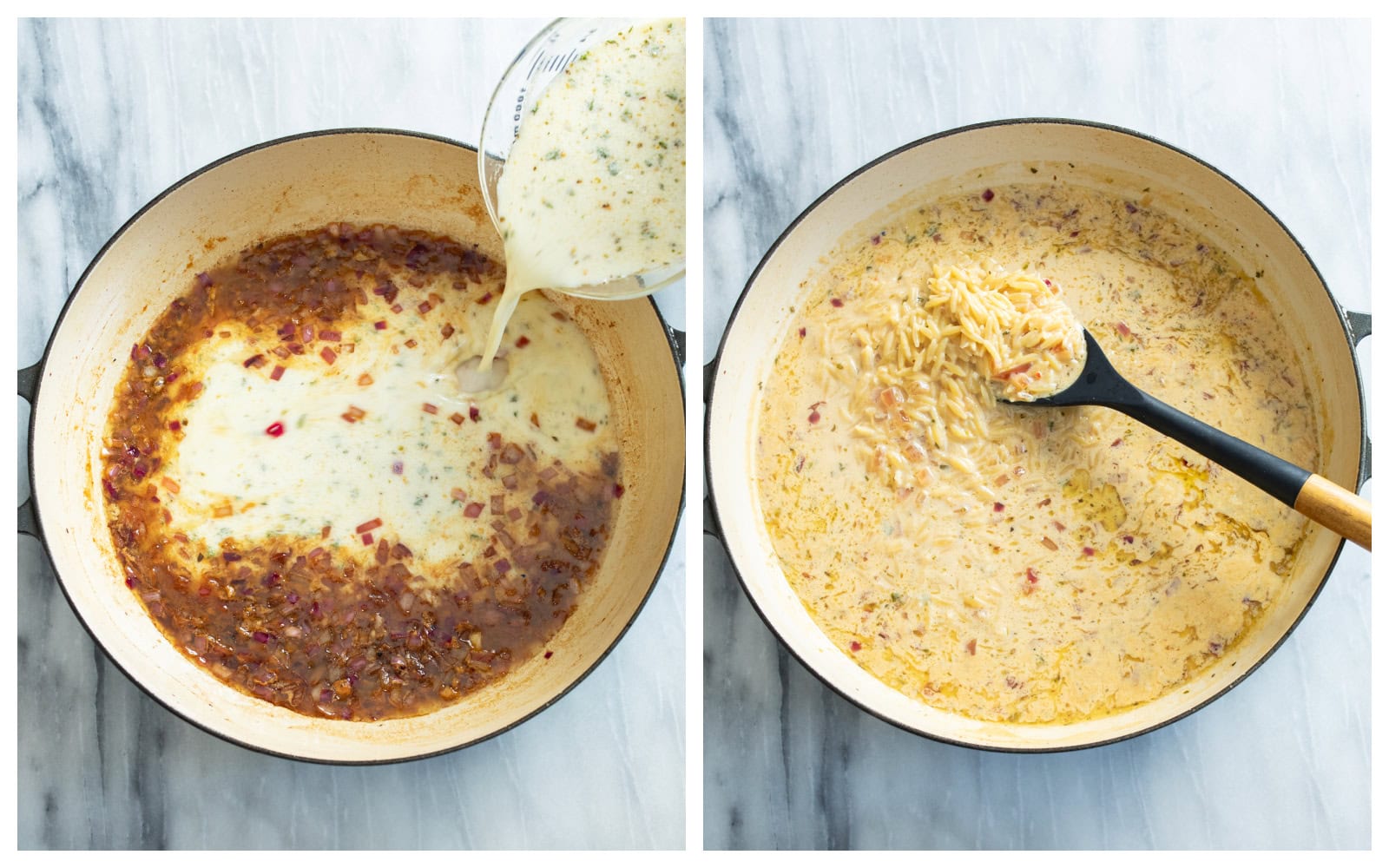 A skillet with sauce being added to it next to a skillet with orzo being cooked in the sauce.