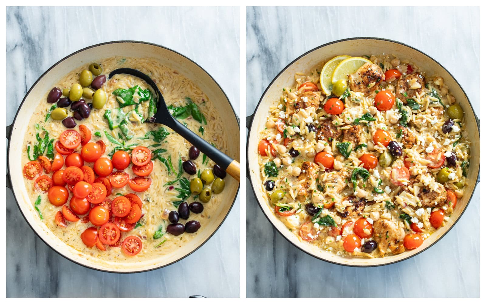 A skillet with tomatoes, spinach, and olives being added next to a skillet with finished Greek Chicken Orzo.