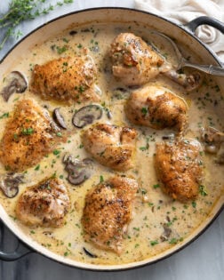 Chicken Fricassee in a skillet with a creamy mushroom sauce and fresh parsley with a spoon on the side.