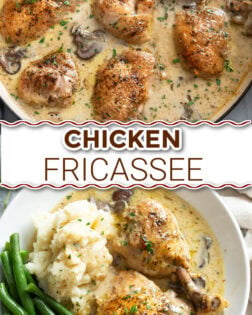 A collage of Chicken Fricassee in a skillet and in a white bowl with potatoes and green beans.