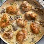 Chicken Fricassee in a skillet with a creamy mushroom sauce and fresh parsley on top.